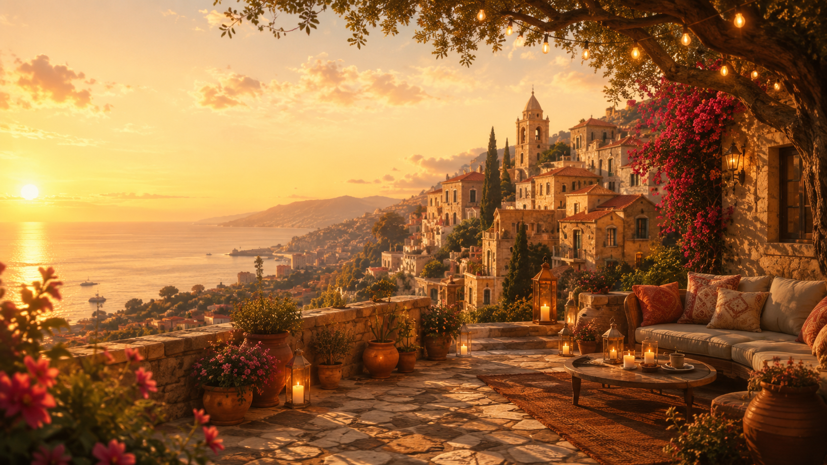 A warm sunset over a Mediterranean terrace overlooking the Lebanese coast