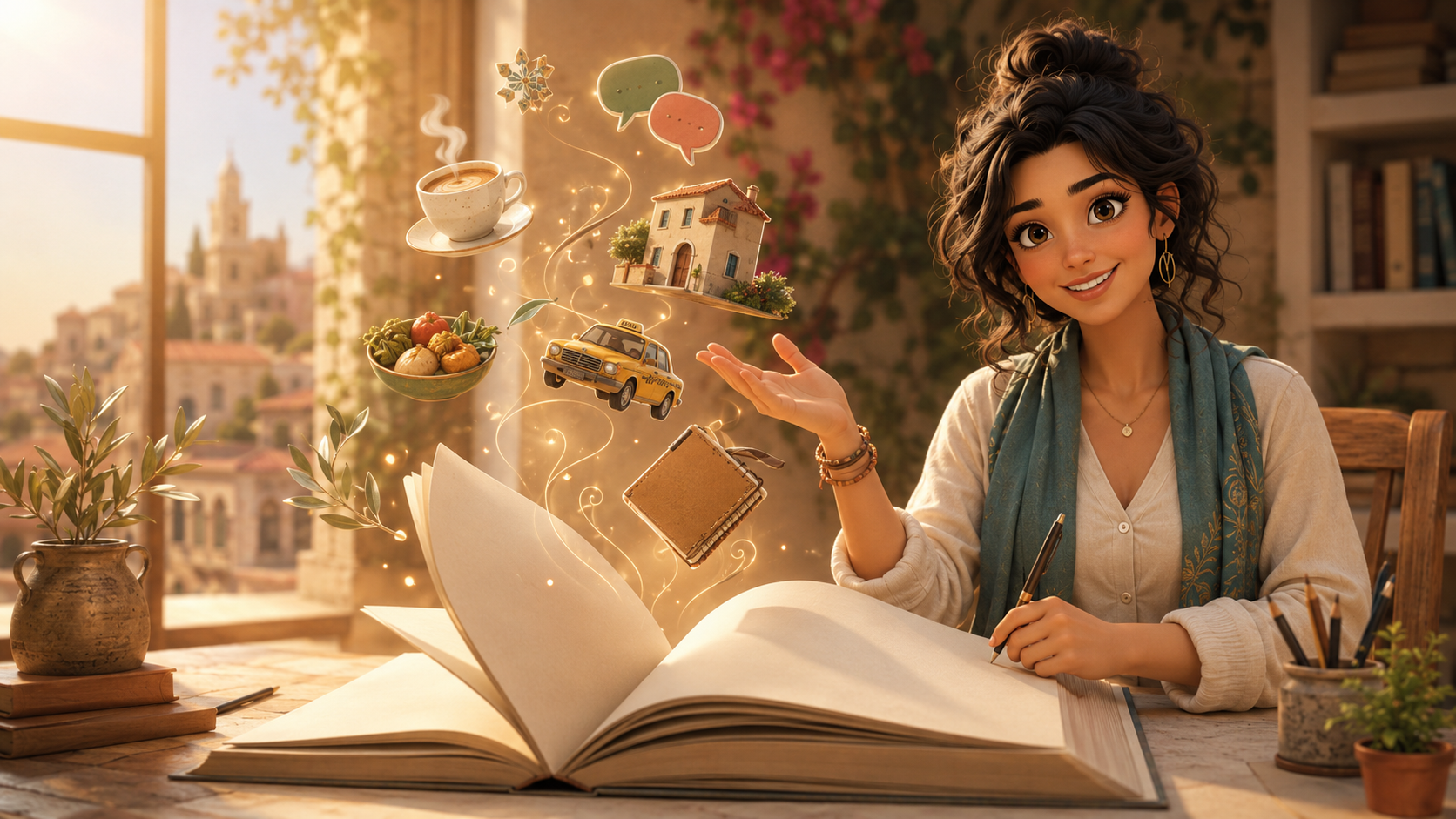 An open storybook with Arabic learning objects glowing and rising from its pages